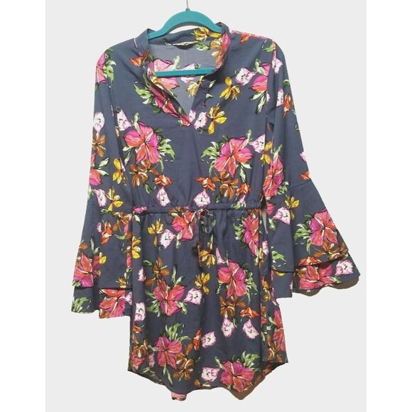 Hint of Blush Boho Floral Dress short Blue Pink long sleeves bell elastic waist - Picture 1 of 10